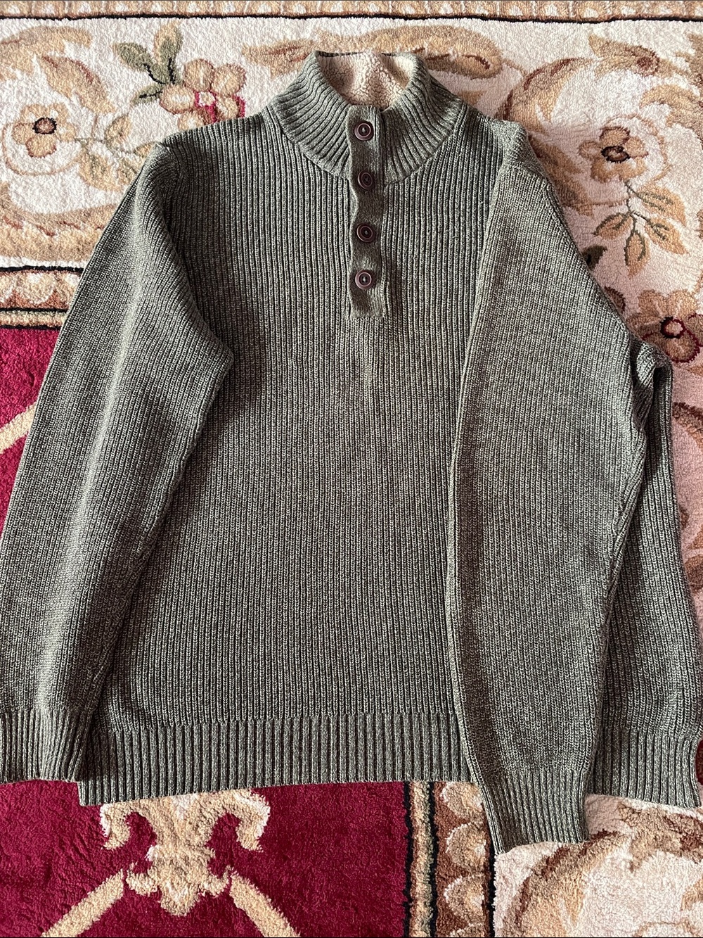 G.H. Bass & Co. Olive Green Ribbed Button Mock Neck Sweater
